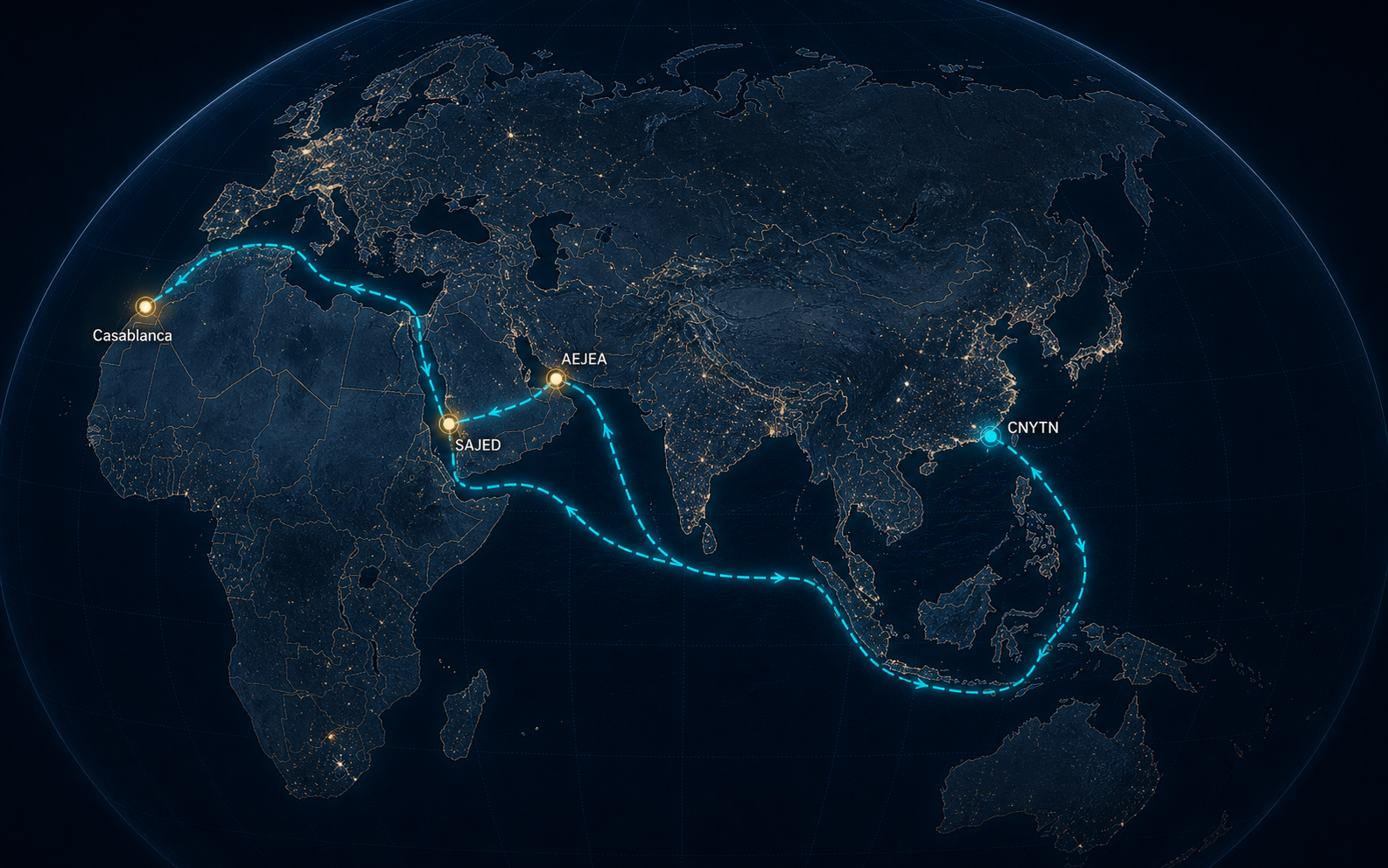 中国华南港口到 UAE、沙特和摩洛哥的海运路线地图